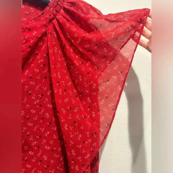 MISA LOS ANGELES Red Floral Flutter Sleeve Tie Neck Blouse / Size Medium / - Picture 5 of 9